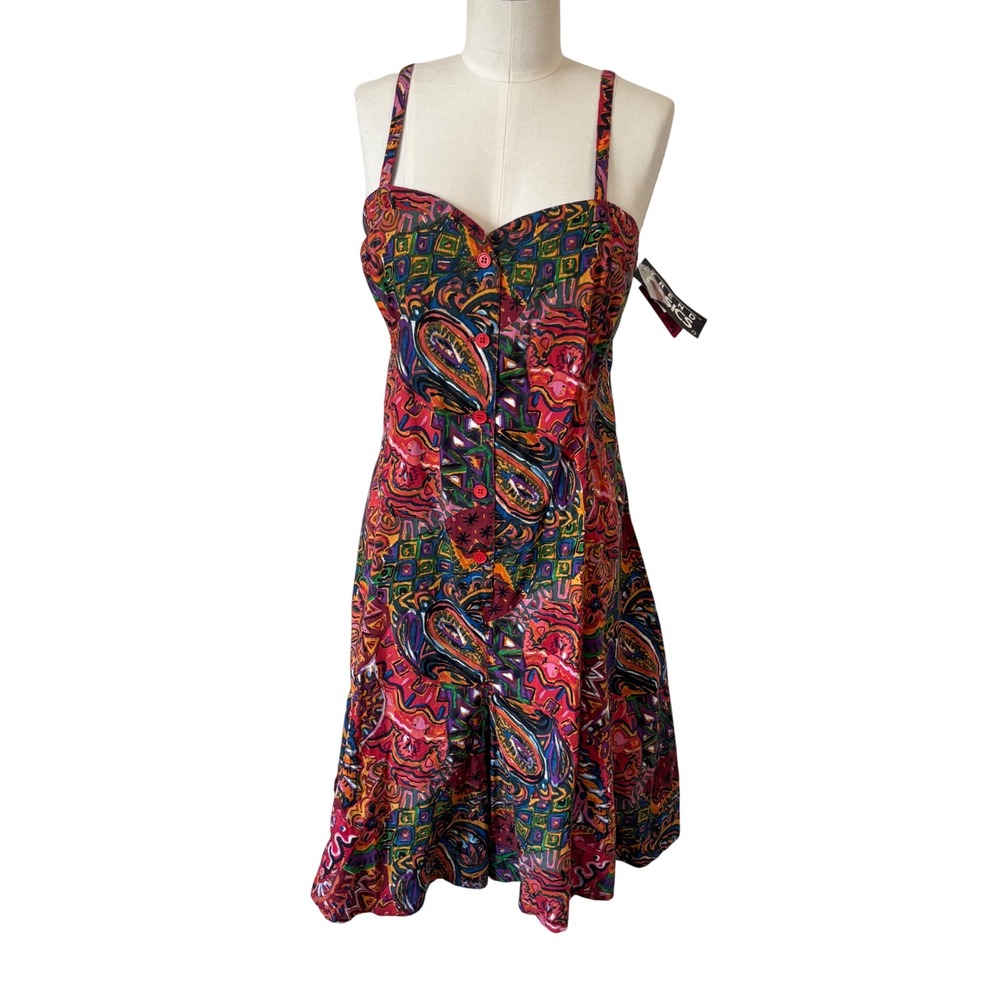 Trend Basics Vtg 90s Paisley Abstract Button Front Cutout Back Dress XL NWT